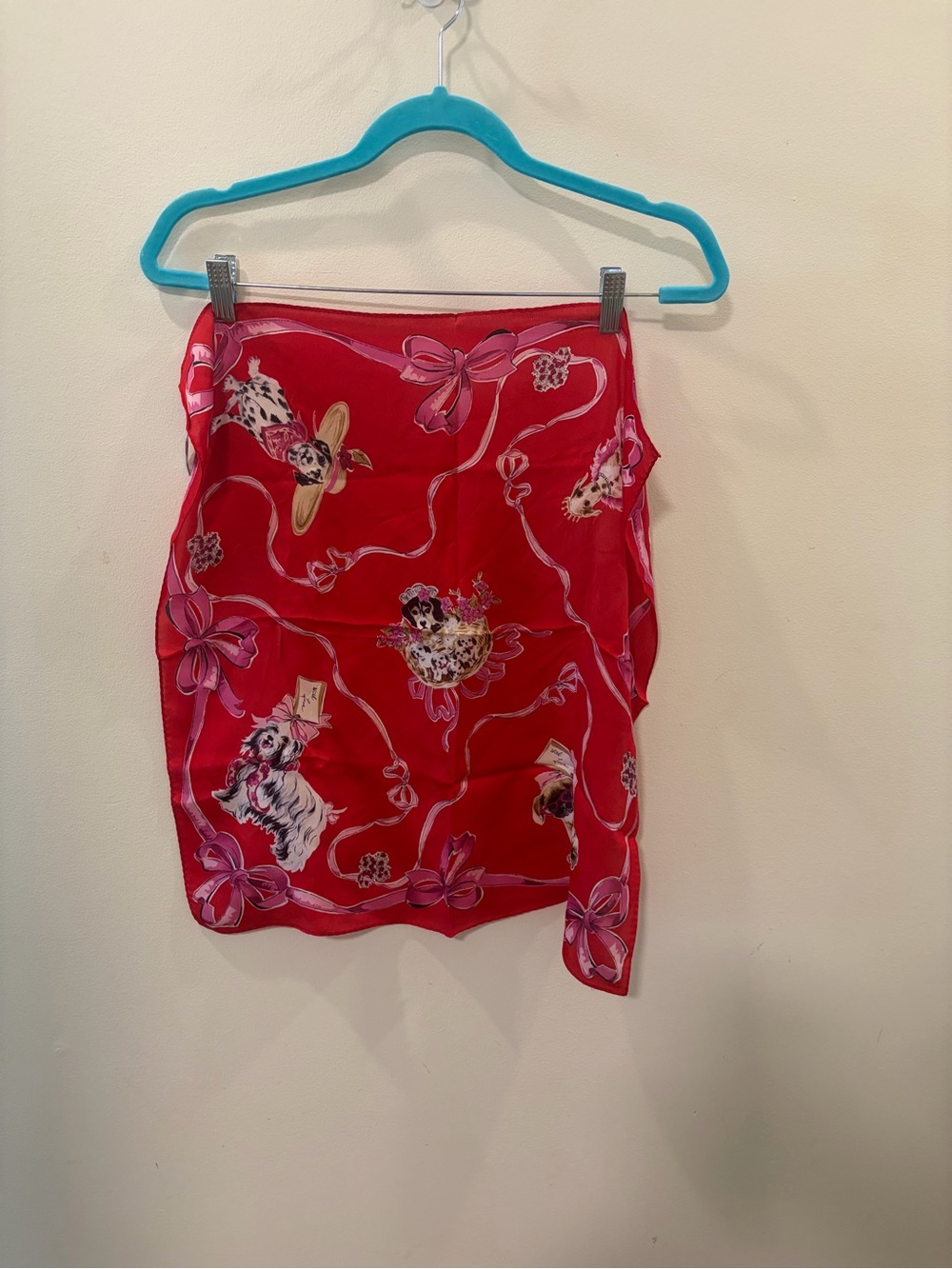 Silk Red Printed Scarf with Ribbon and Floral Motif, Elaine Gold